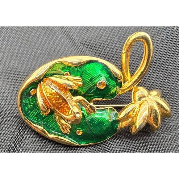 Frog & Lily Pad Enamel Brooch Pin Set Gold Tone Lapel Accessory Green & Orange J - Picture 7 of 7
